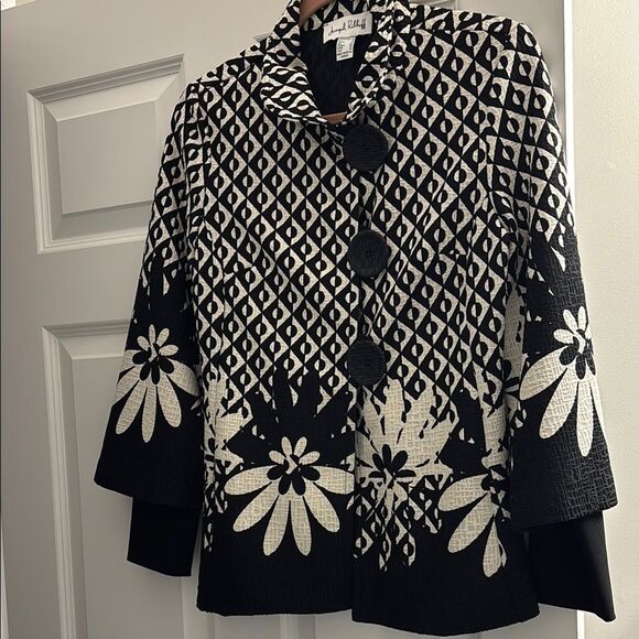 Joseph Ribkoff Black and White Blazer with Geometric and Floral Patterns - Picture 1 of 12